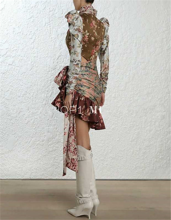 Vestido Largo Estampado con Cinturón de Contraste y Manga Larga