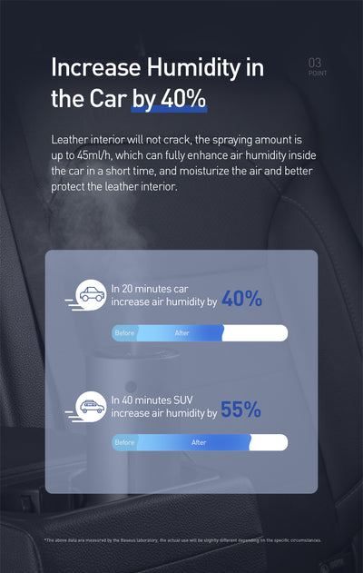 Dark gray cylindrical vehicle-mounted humidifier with a power button, mist outlet, and water level indicator. - Image 18