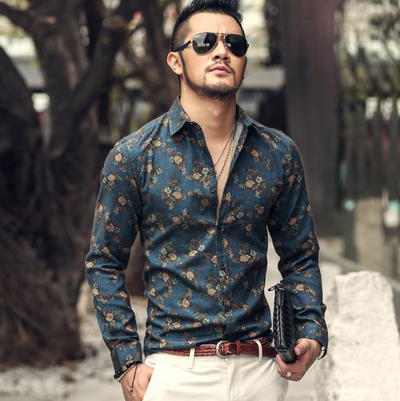 Camisa Estampada Azul Manga Larga Slim Fit Floral para Hombre