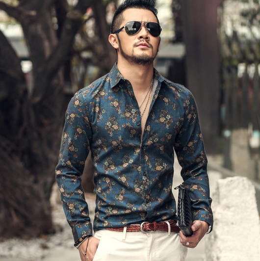 Camisa Estampada Azul Manga Larga Slim Fit Floral para Hombre