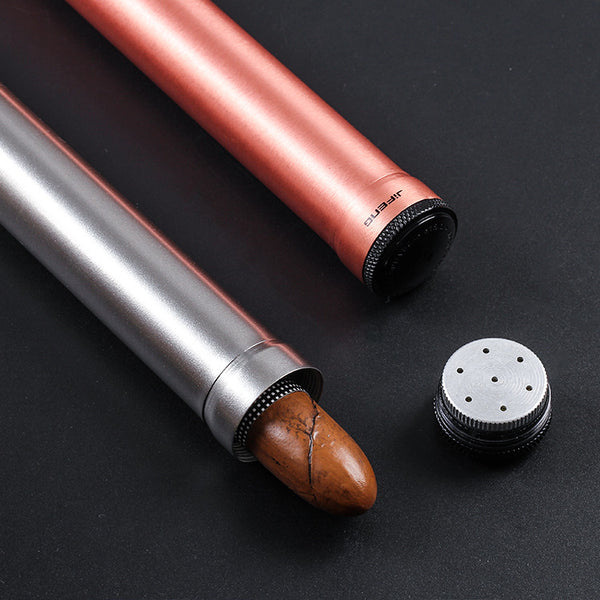 Red portable travel tube made of aluminum alloy with black caps and "RY TASTE JIFENG DEVICE" text.