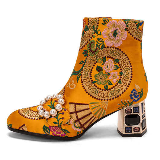 Botas Étnicas con Tacón Grueso, Bordado Floral y Hebilla de Perlas - Image 8
