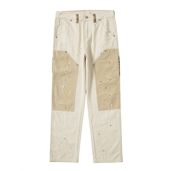 Pantalones Casuales Khaki con Diseño Patchwork y Salpicaduras de Tinta