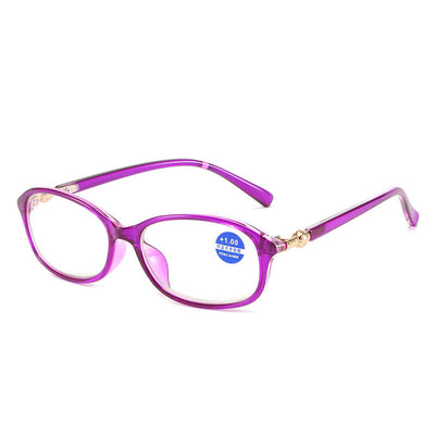 Elegant purple full-frame reading glasses with gold accents on the temples, featuring a +1.00 magnification. - Image 7