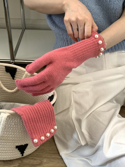 Guantes Tejidos Cálidos con Perlas en Colores Sólidos - Image 12
