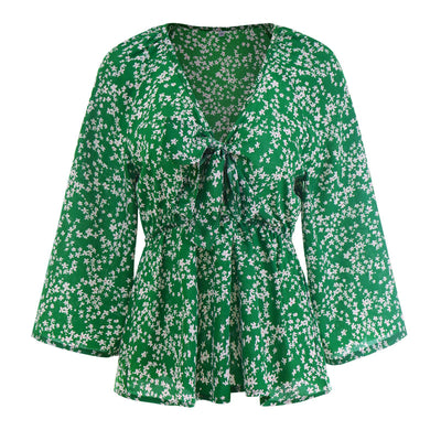 Blusa de Gasa Floral con Cuello en V y Mangas Recortadas para Mujer - Image 5