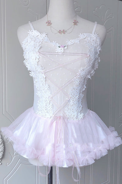 Traje de Baño Enterizo con Encaje Transparente y Falda Suspender Artesanal - Image 4
