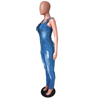 Mono Denim Blanco Ajustado con Encaje Plisado y Detalles Rotos para Mujer - Image 9