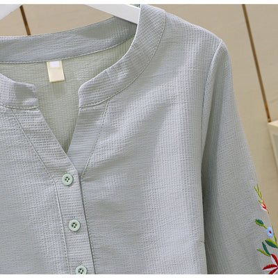 Blusa de Algodón con Escote V y Bordado Plisado Manga Larga - Image 17