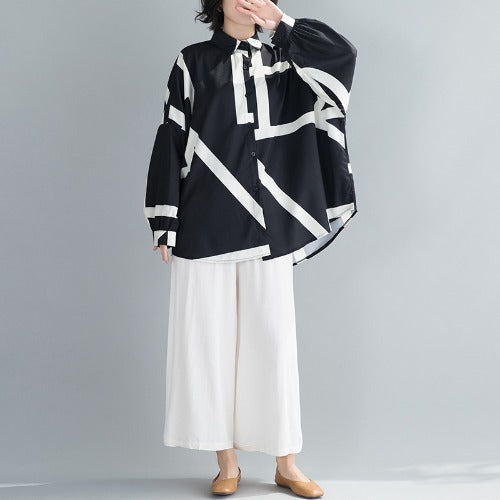 Camisa Suelta de Contraste Estilo Coreano Talla Grande Impresión Media Larga