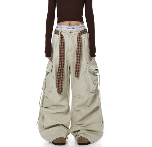 Pantalones Rectos Anchos a Cuadros con Cinturón y Detalles Desgastados - Image 4