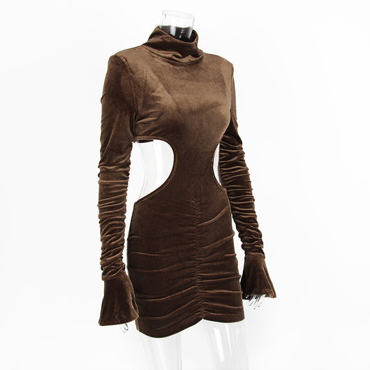Vestido Elegante Cuello Alto con Bolsillo en Cadera y Falda Terciopelo - Image 9