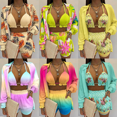 Women's three-piece beachwear set with neon yellow bikini top, floral print long-sleeve shirt, and matching shorts. - Image 17