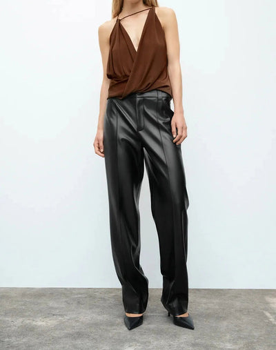 Pantalones Rectos de Cuero PU Slim Fit para Mujer
