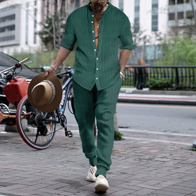 Pantalón y Camisa de Rayas con Cuello Hengli para Hombre - Image 14