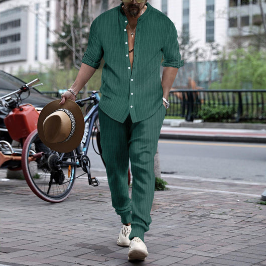 Pantalón y Camisa de Rayas con Cuello Hengli para Hombre - Image 14