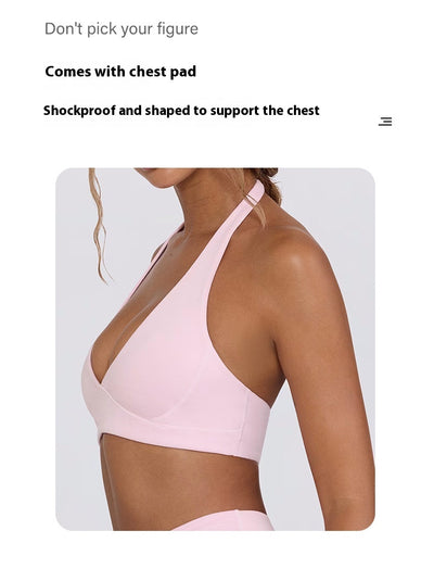 Light pink halter neck sports bra and high-waisted leggings workout set on a model. - Image 50