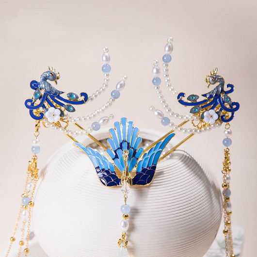 Juego de Horquillas Pavo Real Azul Fuego con Borlas