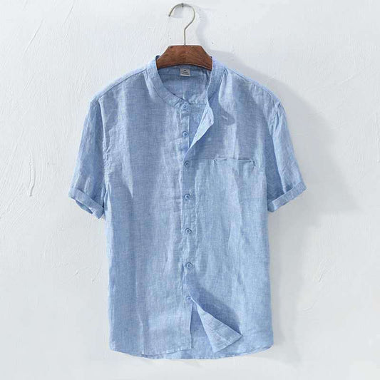 Camisa de Lino y Algodón Transpirable con Cuello de Pie para Hombre