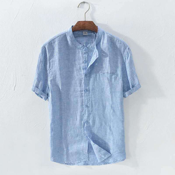 Camisa de Lino y Algodón Transpirable con Cuello de Pie para Hombre