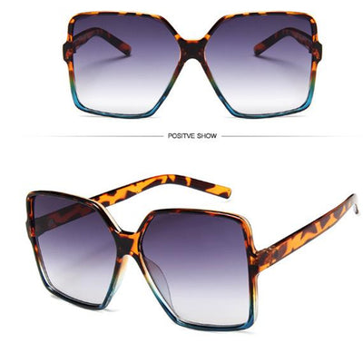 Oversized square sunglasses with a black and tortoiseshell frame and gradient purple lenses, shown from two angles. - Image 10