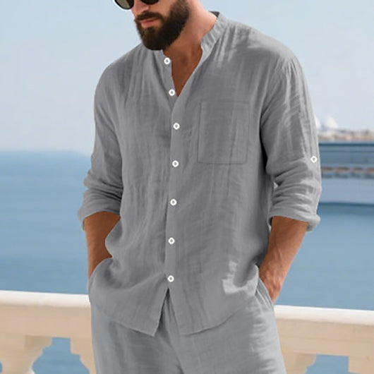 Camisa de Lino Transpirable para Hombre con Cuello Mao y Manga Larga - Image 10