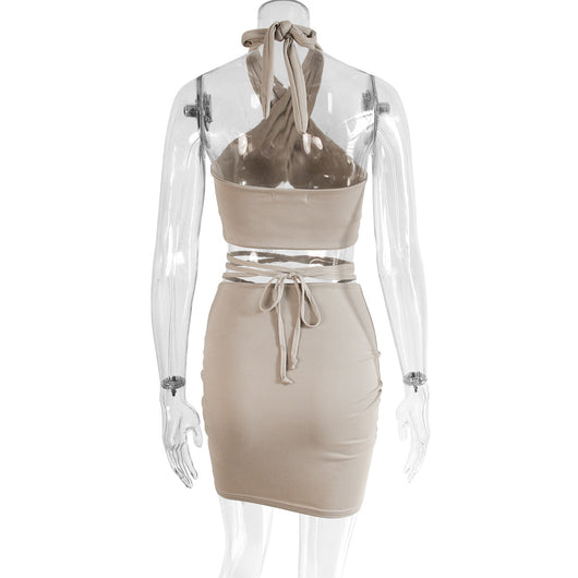 Vestido Dos Piezas Halter con Encaje y Volantes Anudado Espalda Descubierta - Image 17