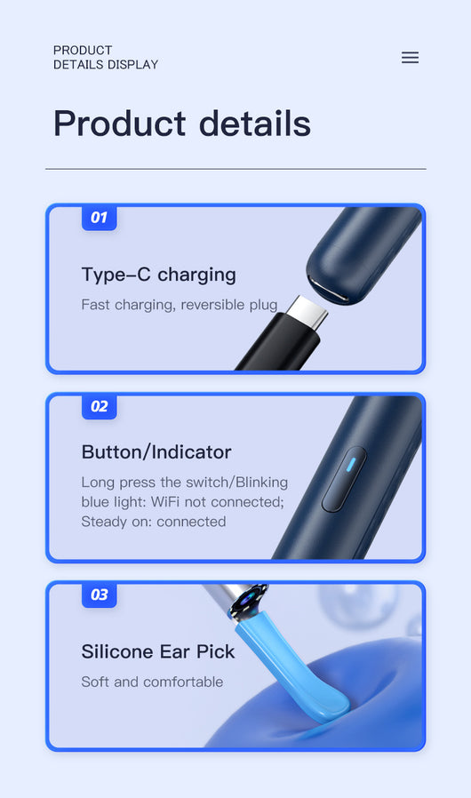 Blue wireless ear endoscope with camera, displaying an ear canal view on a smartphone, with various silicone ear spoon heads, charging cable, and storage jar. - Image 12