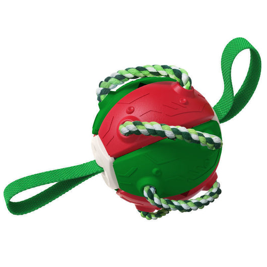 Red and green interactive dog football soccer ball with rope and fabric tabs for training and outdoor play. - Image 10