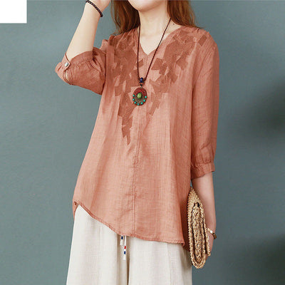 Blusa Larga Atrás Corta Adelante de Algodón y Lino con Bordado para Mujer - Image 8