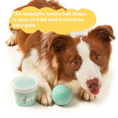 Beige Petsville tennis ball for dogs in a light yellow cylindrical container with a playful dog illustration. - Image 21