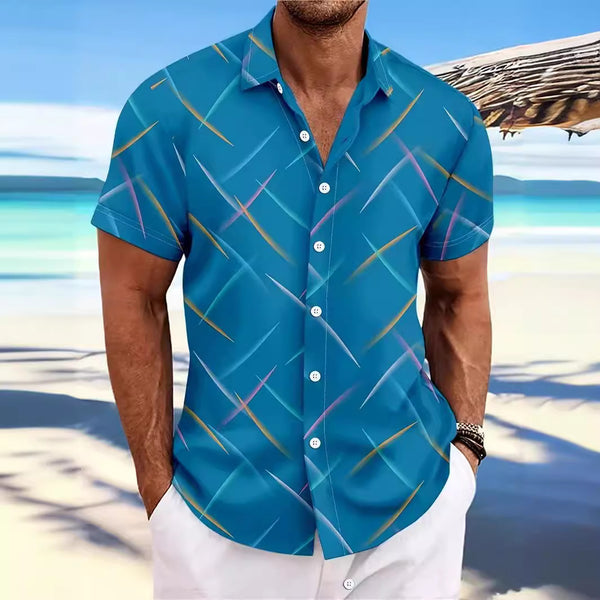 Camisa de Playa Hombre Rayas Plumas - Manga Corta Botones Casual Verano