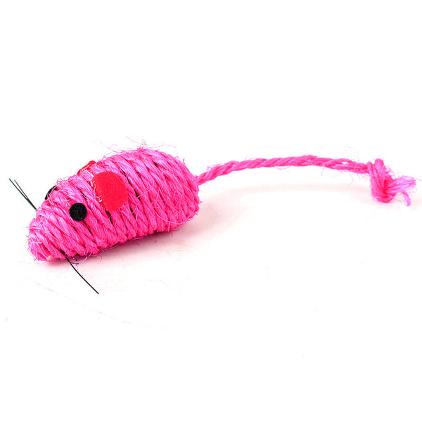 Five colorful sisal cat toy mice with red ears, black eyes, and some with vibrant feather tails.