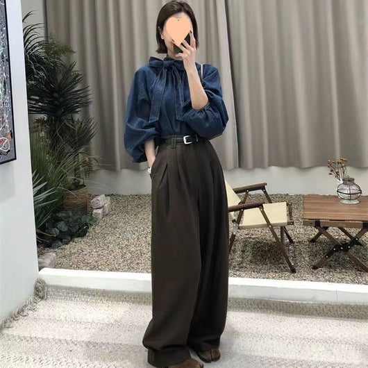 Camisa Denim Retro Suelta con Cuello y Cordones para Mujer - Image 17