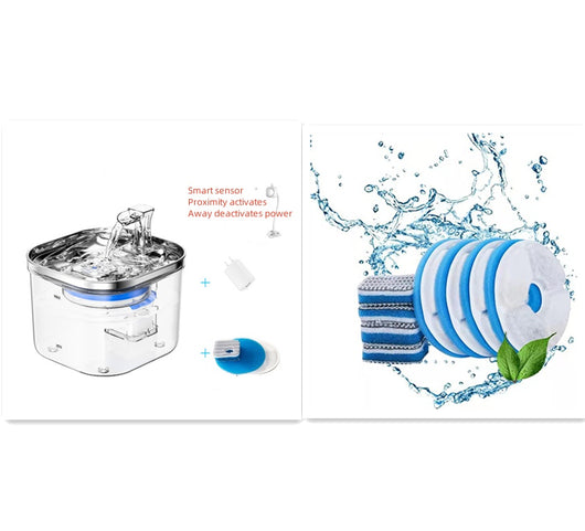 Automatic pet water fountain with clear reservoir, stainless steel top, and flowing water spout, shown with power adapter and filter set. - Image 11