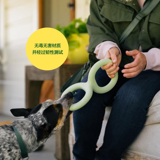 Light green rubber pet bite and pull toy shaped like a figure eight, with a ribbed texture on one end. - Image 12