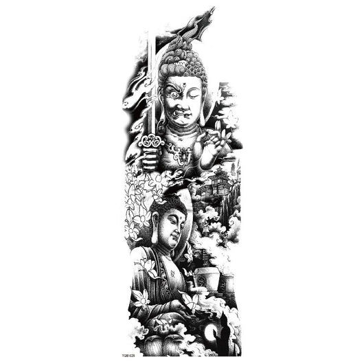 Full arm temporary tattoo sticker with a black, red, and light blue tribal design, featuring abstract shapes and patterns. - Image 33