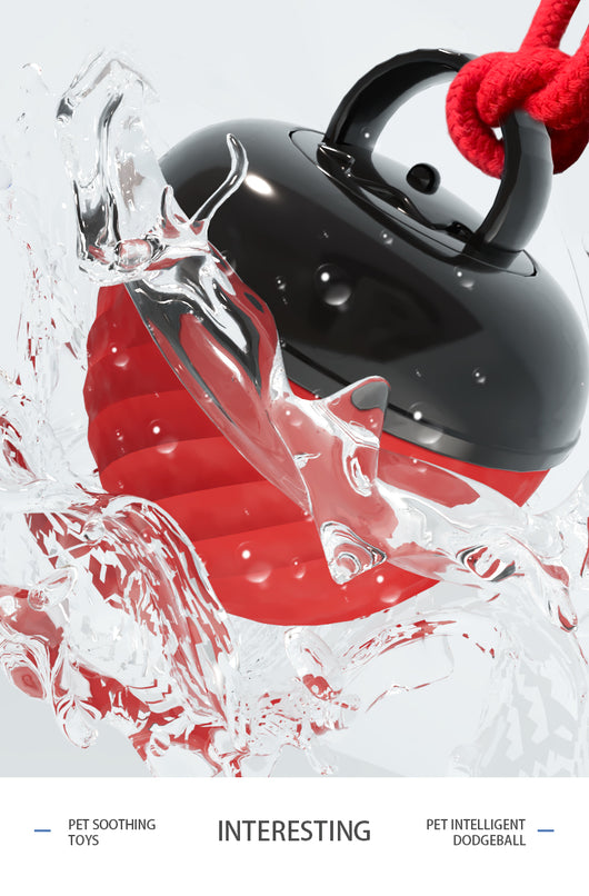 Red and black smart interactive pet toy ball with a textured swirl pattern and an attached red rope. - Image 36