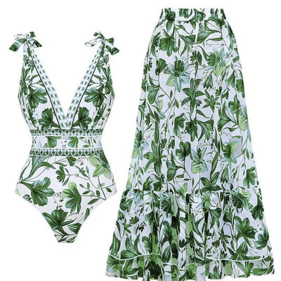 White and green floral print one-piece swimsuit with tie-shoulder straps and matching long chiffon skirt. - Image 8