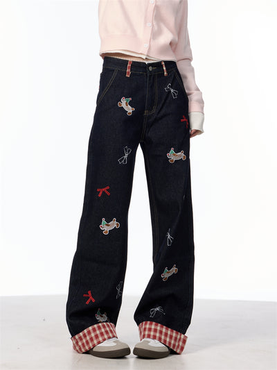 Jeans de Pierna Ancha Cintura Alta con Bordado de Moño Vintage - Image 16