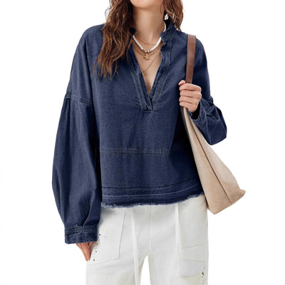 Blusa Denim Holgada de Cuello V y Manga Larga Versátil - Image 4