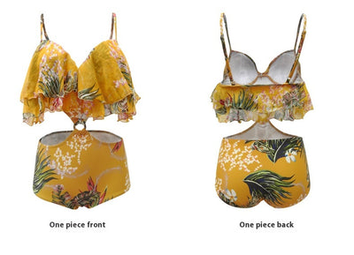 Pink tropical print three-piece women's swimwear set with ruffled bikini top, high-waisted bottoms, and matching sarong. - Image 13
