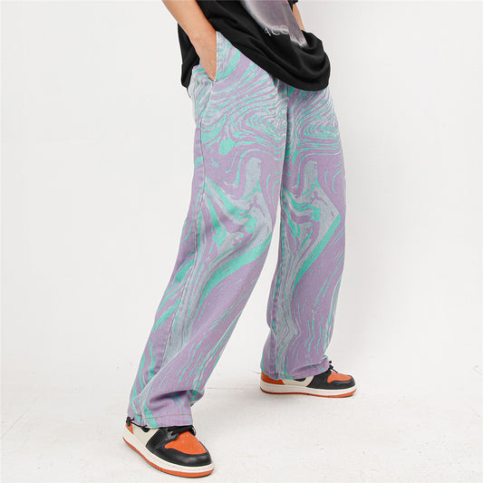 Pantalones Vaqueros Tie-Dye Lavados Hombre Marca Americana Corte Recto Casual con Cordón - Image 2