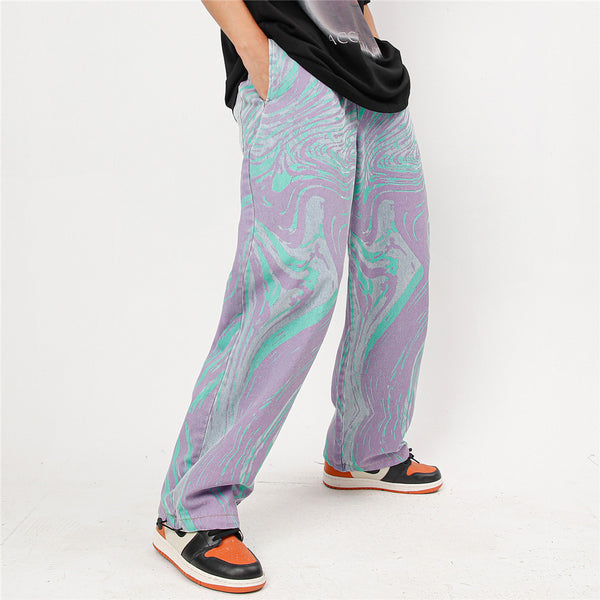 Pantalones Vaqueros Tie-Dye Lavados Hombre Marca Americana Corte Recto Casual con Cordón