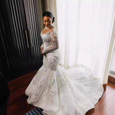 Vestido de Novia Africano con Encaje y Manga Larga Silueta Sirena - Image 10