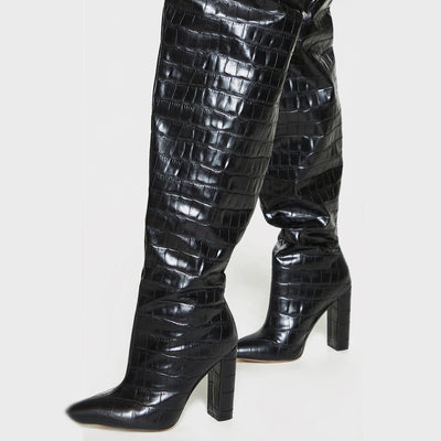 Botas Over-the-Knee con Tacón Grueso y Patrón Cocodrilo para Mujer - Image 8