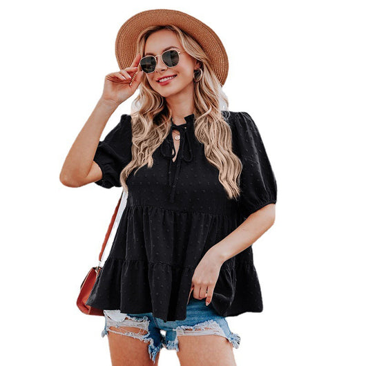 Blusa Suelta con Cuello en V, Mangas Abullonadas y Detalles de Encaje - Image 10