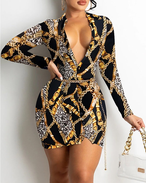 Vestido Midi Estampado Cuello en V Manga Larga