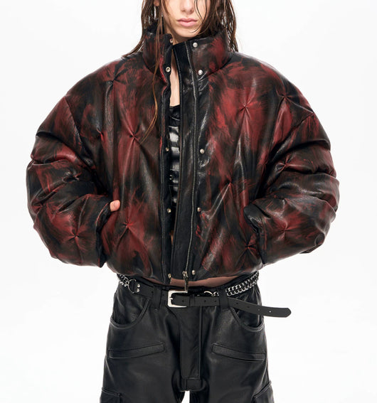 Chaqueta Puffer Corta de Cuero con Cuello Alto y Fruncido - Image 2