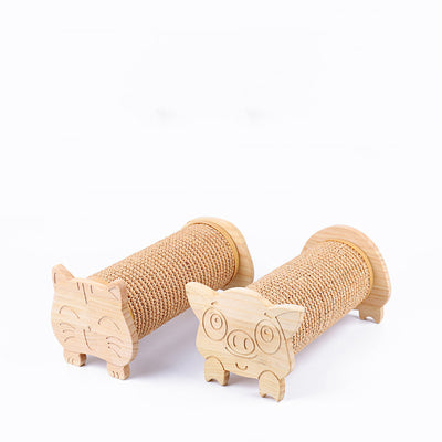 Cat scratcher with a corrugated cardboard cylinder and light wood ends, one shaped like a cat's head. - Image 4